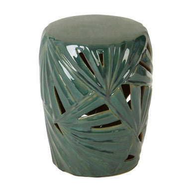 Green Glazed Ceramic Table Stool with Botanical Palm Leaf Design | Sorrell