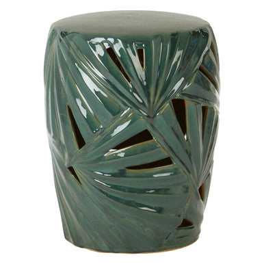 Green Glazed Ceramic Table Stool with Botanical Palm Leaf Design | Sorrell