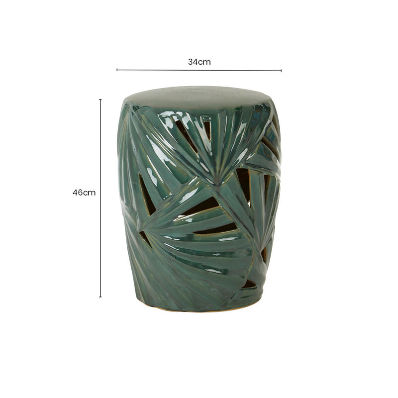 Green Glazed Ceramic Table Stool with Botanical Palm Leaf Design | Sorrell