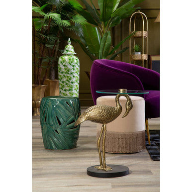 Green Glazed Ceramic Table Stool with Botanical Palm Leaf Design | Sorrell