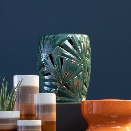 Green Glazed Ceramic Table Stool with Botanical Palm Leaf Design | Sorrell
