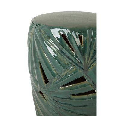 Green Glazed Ceramic Table Stool with Botanical Palm Leaf Design | Sorrell