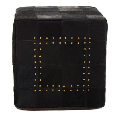 Bosie Black Patchwork Leather Pouffe with Gold Studs | Safira