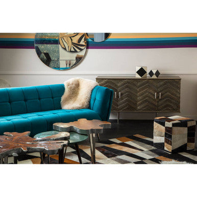 Hair on Leather Pouffe in Geometric Patchwork Design | Safira