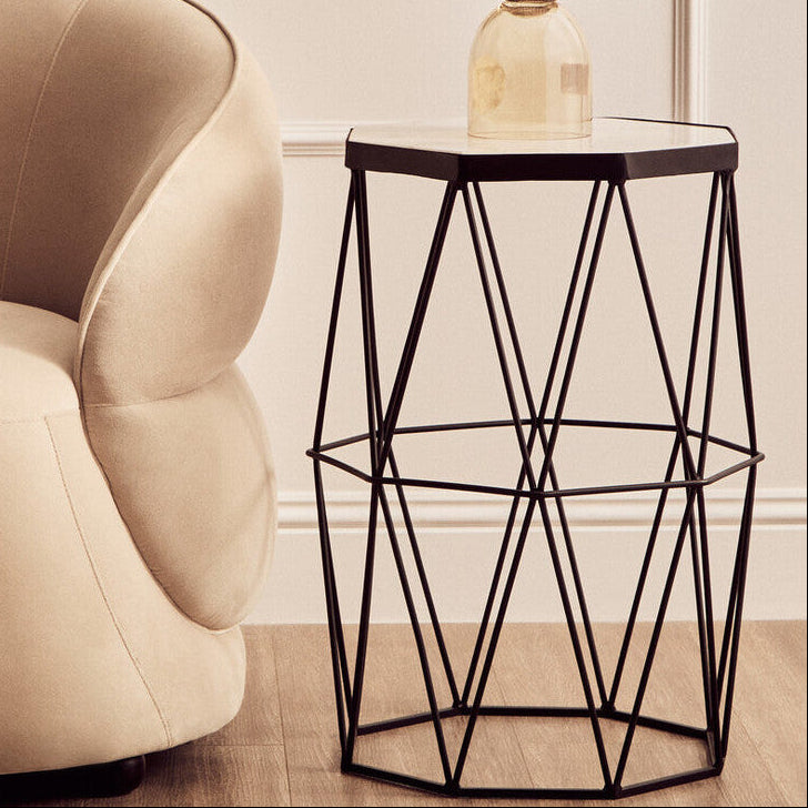 White Marble Top Octagonal Side Table with Black Finish Metal Base | Shalimar