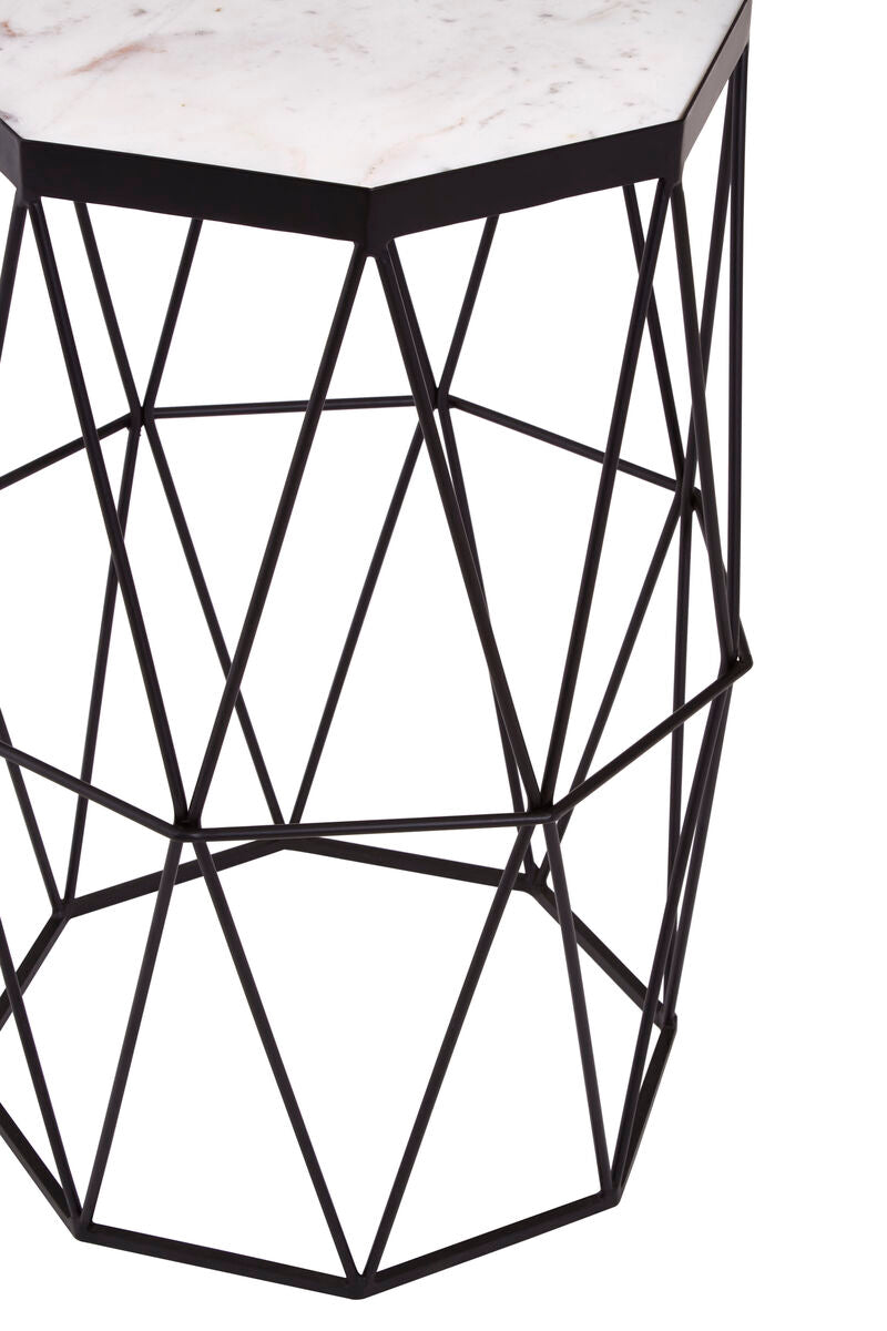 White Marble Top Octagonal Side Table with Black Finish Metal Base | Shalimar
