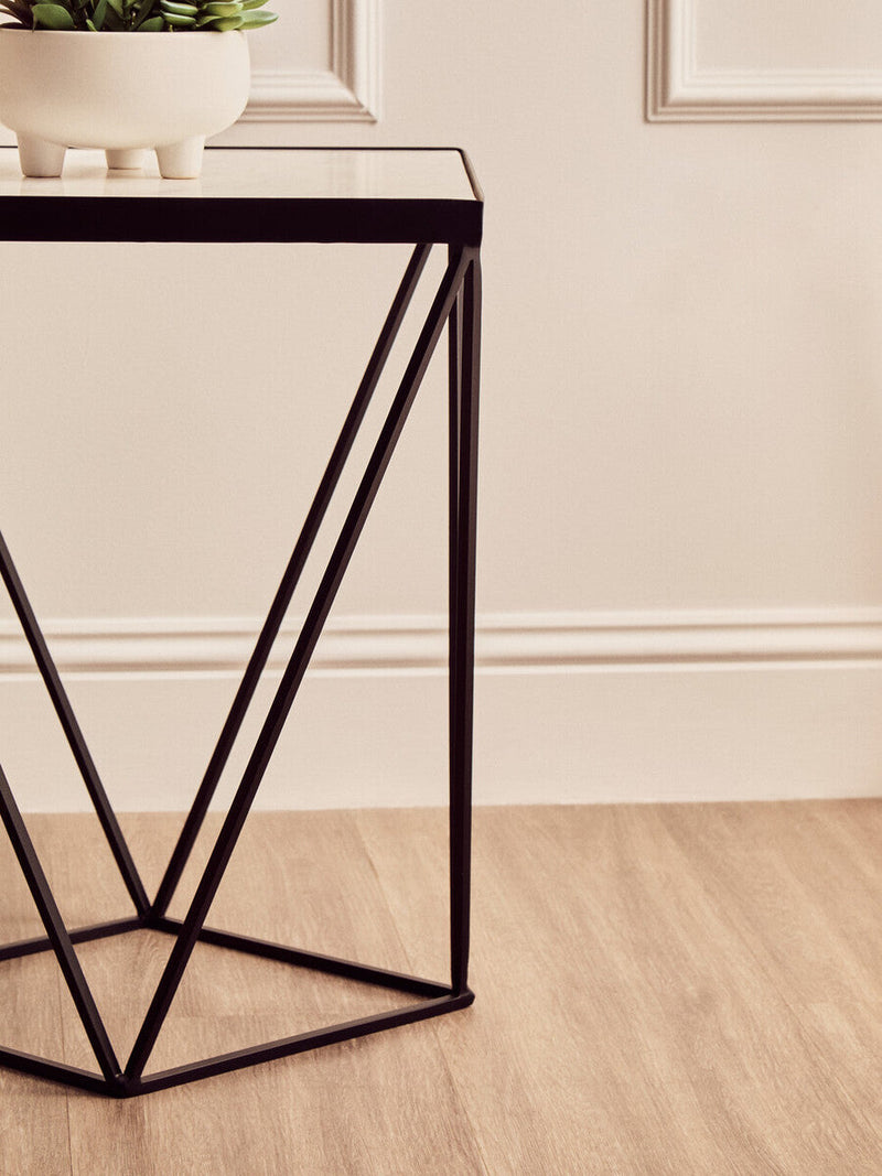 White Marble Top Square Side Table with Black Finish Metal Base | Shalimar