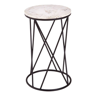 White Marble Top Square Side Table with Black Cross Design Finish Metal Base | Shalimar