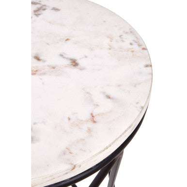 White Marble Top Square Side Table with Black Cross Design Finish Metal Base | Shalimar