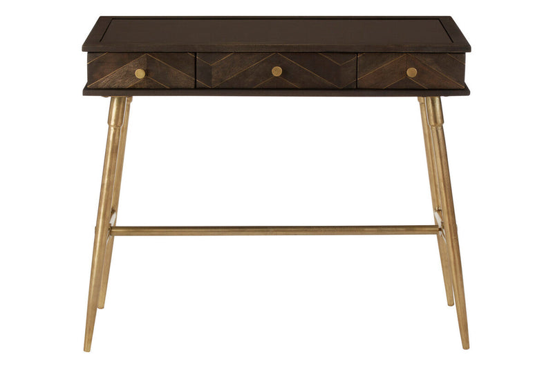 Grey Glass Top 3 Drawer Console Table in Gold Finish Frame | Sagor