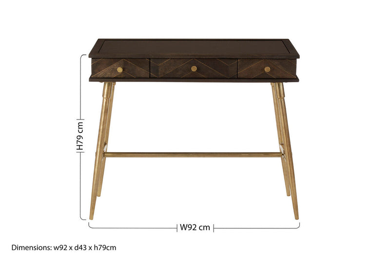 Grey Glass Top 3 Drawer Console Table in Gold Finish Frame | Sagor