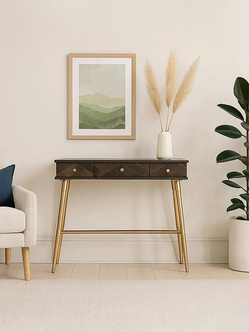 Grey Glass Top 3 Drawer Console Table in Gold Finish Frame | Sagor
