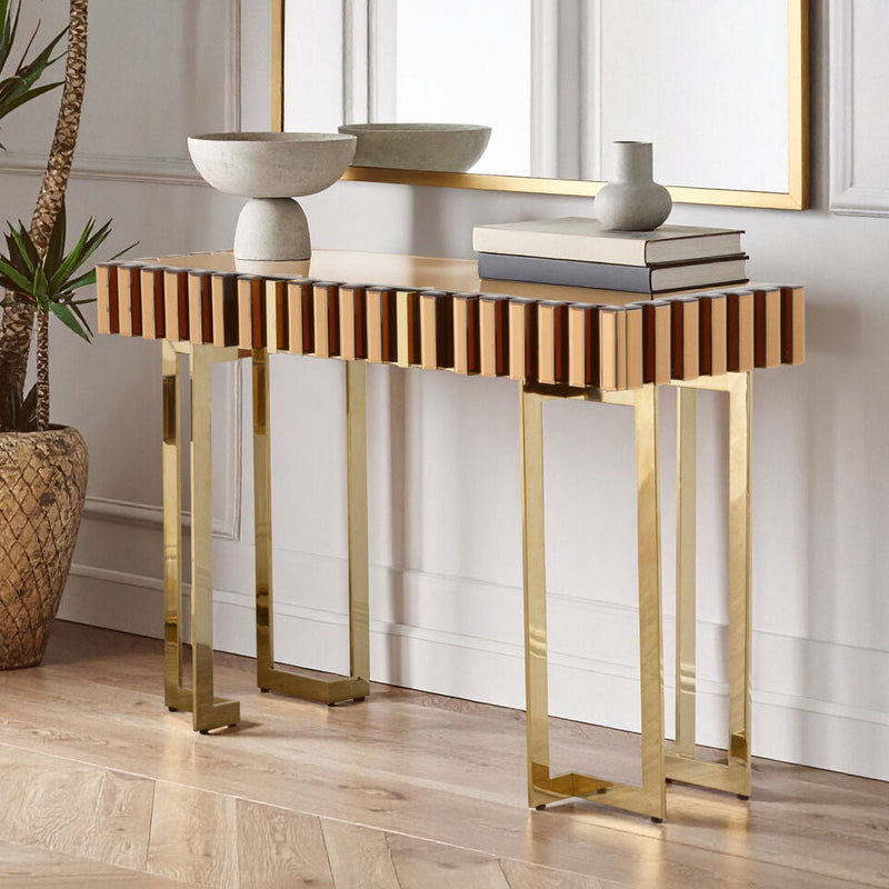 Gold Mirrored Top Console Table with 1 Storage Drawer and Gold Polished Stainless Steel Frame | Rivoli