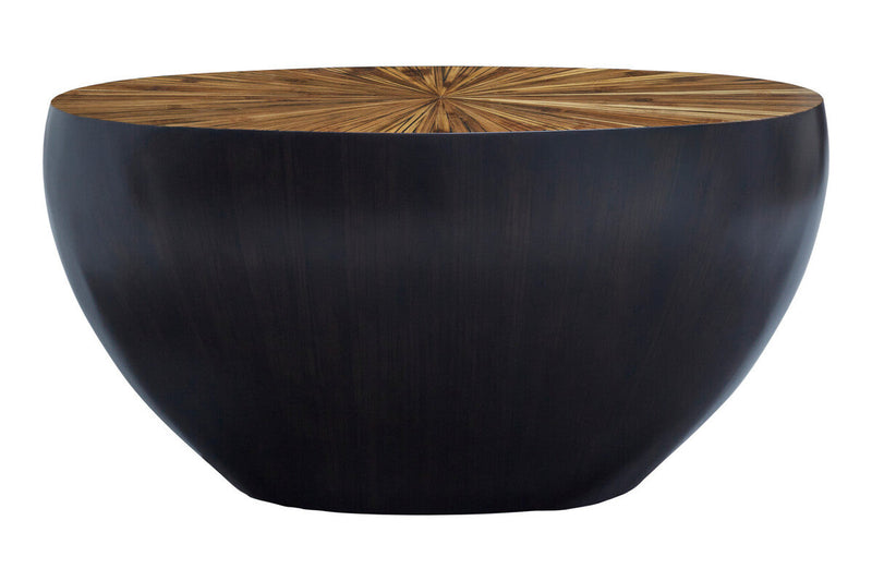 Natural Starburst Patterned Wood Top Round Ebony Console Table with Grey Bamboo Base | Gabo