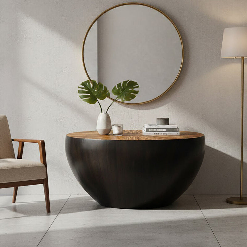 Natural Starburst Patterned Wood Top Round Ebony Console Table with Grey Bamboo Base | Gabo