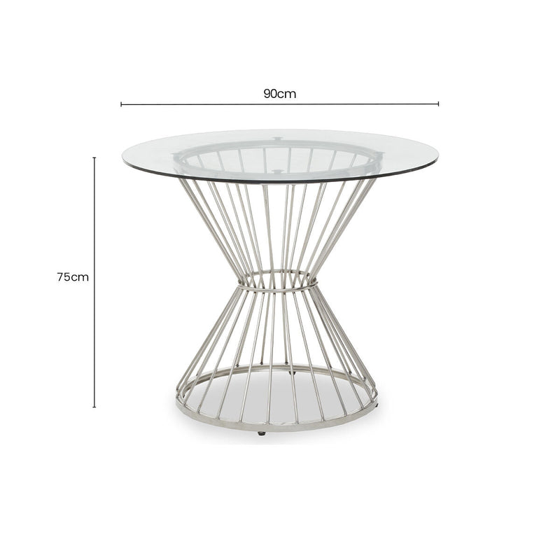 Hourglass Dining Table with Clear Glass Top and Silver Base | Anzio