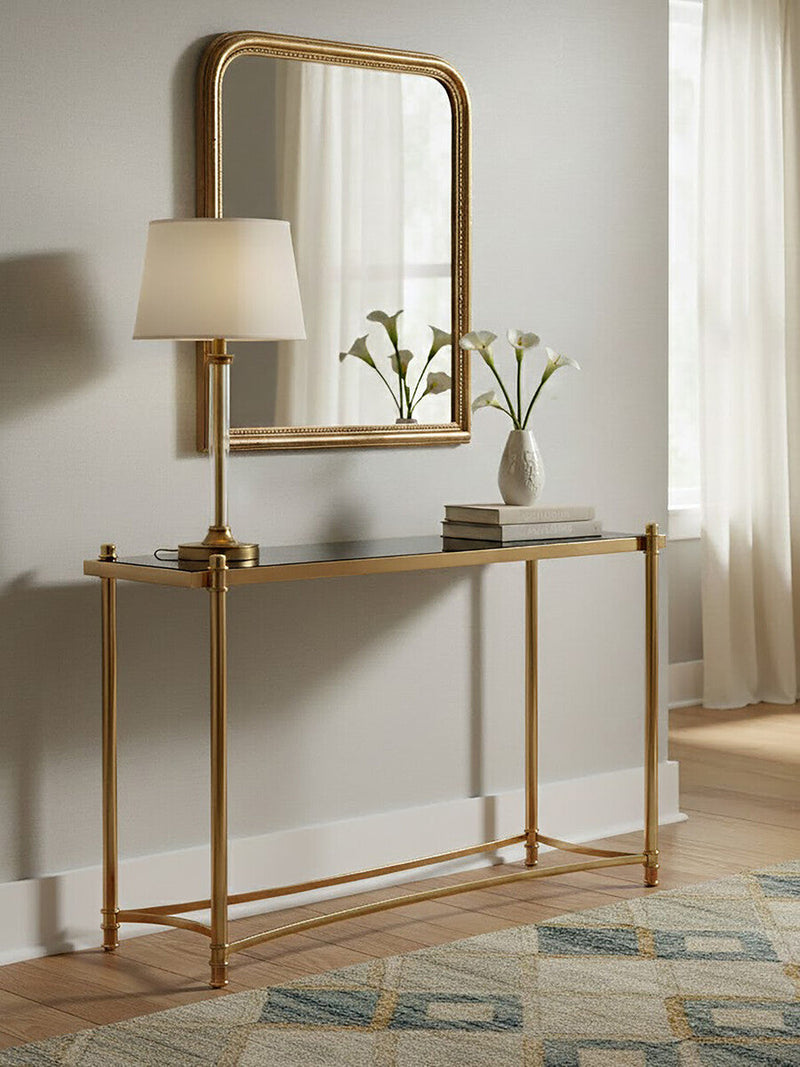 Gold Stainless Steel Base Console Table with Black Glass Top | Ackley