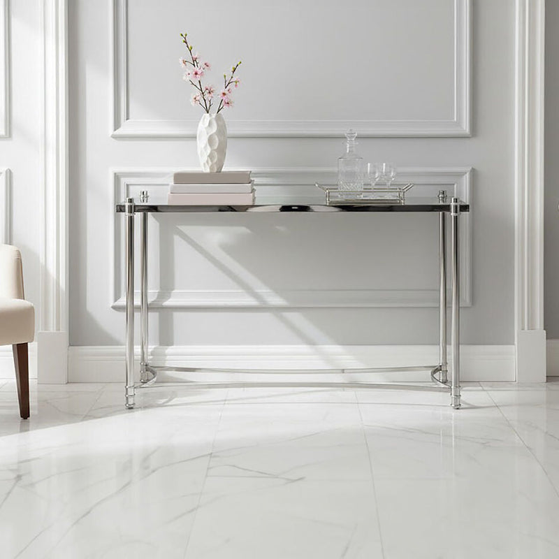 Silver Stainless Steel Base Console Table with Clear Glass Top | Ackley