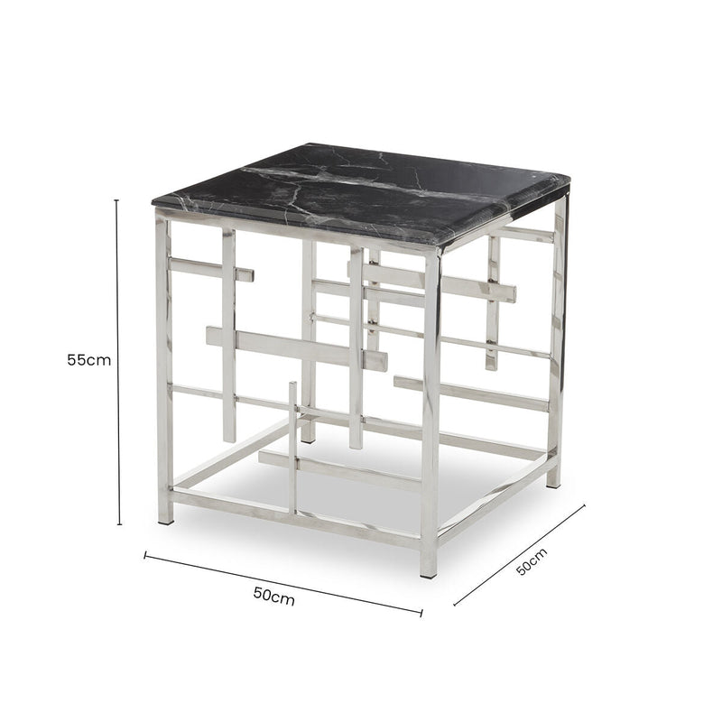 Black Marble Top Side Table with Silver Finish Geometric Stainless Steel Base | Aprilia