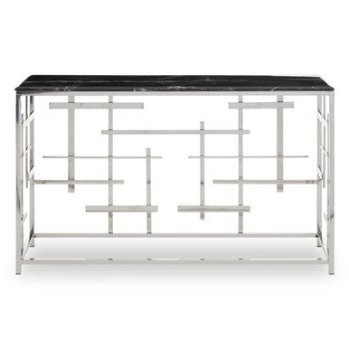 Black Marble Top Console Table with Silver Finish Geometric Stainless Steel Base | Aprilia