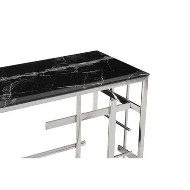 Black Marble Top Console Table with Silver Finish Geometric Stainless Steel Base | Aprilia