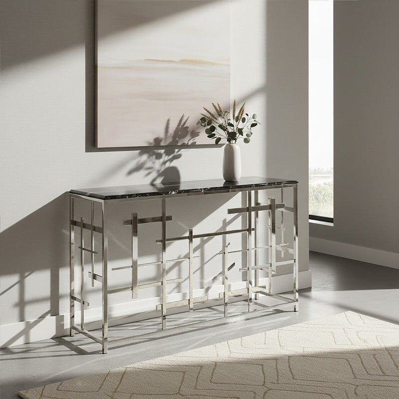 Black Marble Top Console Table with Silver Finish Geometric Stainless Steel Base | Aprilia