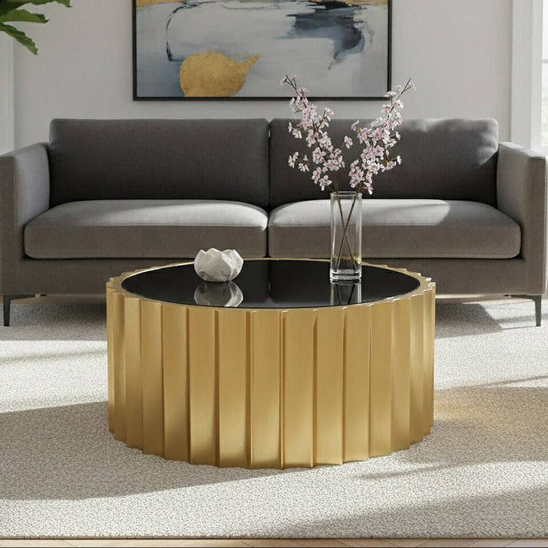 Black Glass Top and Titanium Base Round Coffee Table | Alvaro