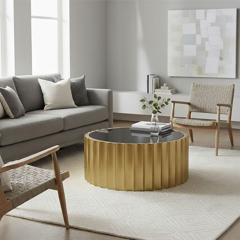 Black Glass Top and Titanium Base Round Coffee Table | Alvaro