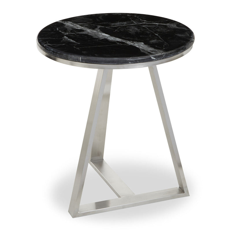 Silver Finish Frame Side Table with Round Black Marble Top | Alvaro