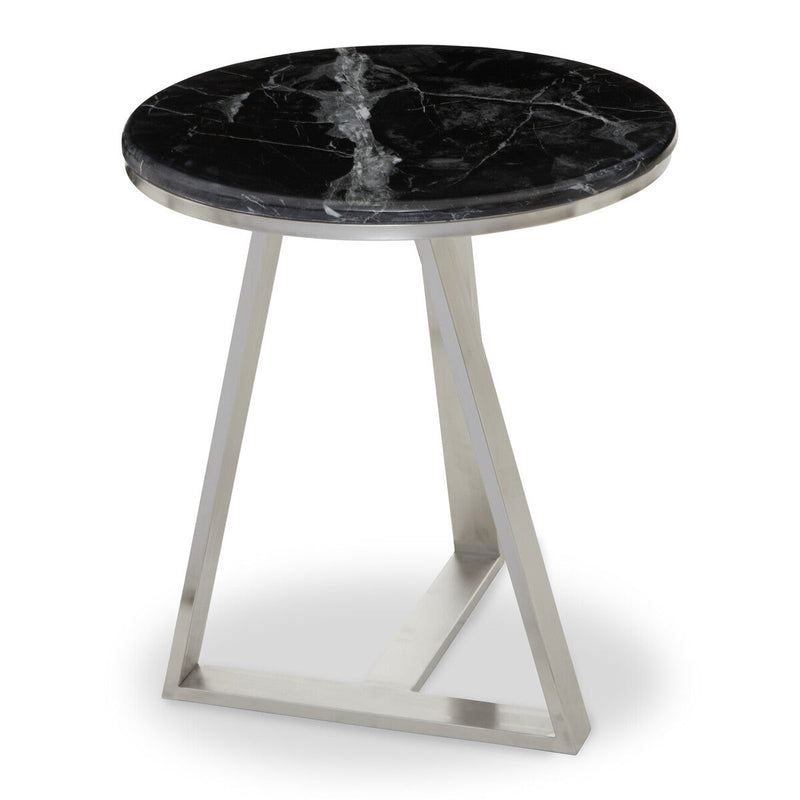 Silver Finish Frame Side Table with Round Black Marble Top | Alvaro