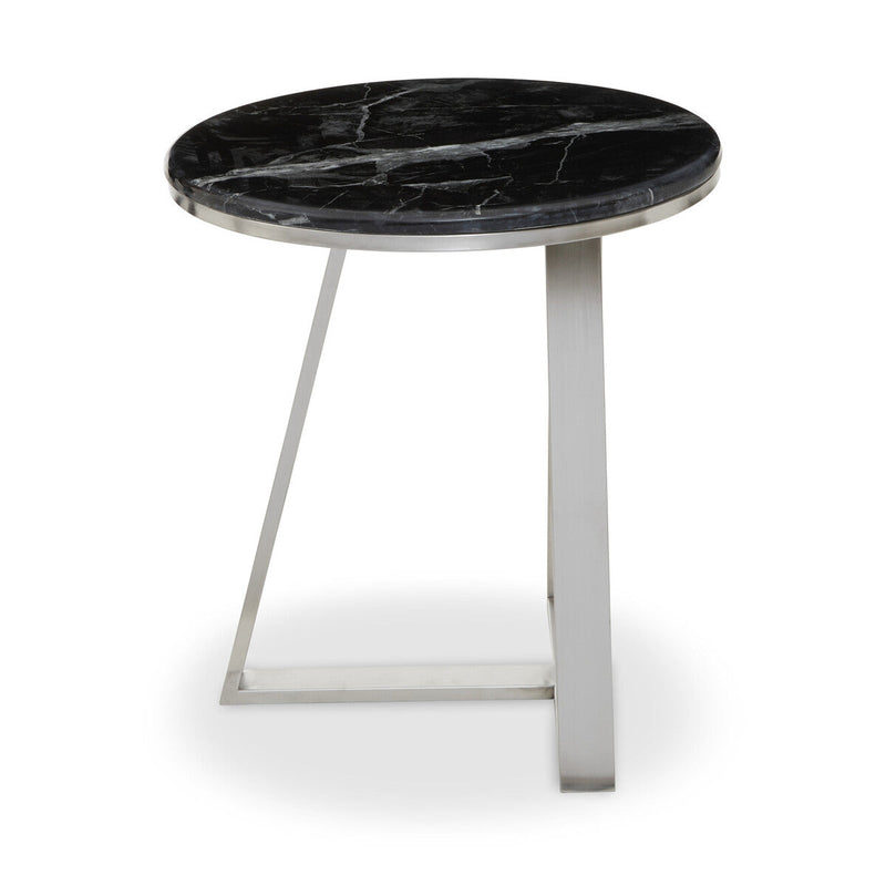 Silver Finish Frame Side Table with Round Black Marble Top | Alvaro