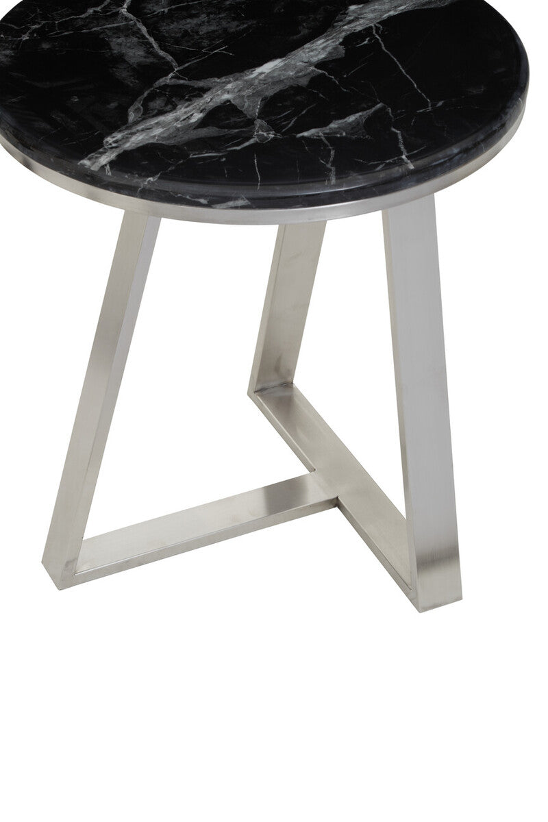 Silver Finish Frame Side Table with Round Black Marble Top | Alvaro