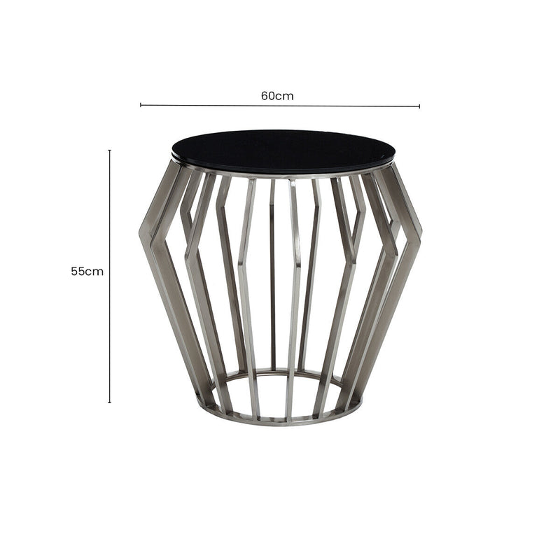 Silver Base Round Side Table with Black Glass Top | Ackley