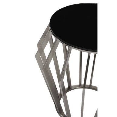 Silver Base Round Side Table with Black Glass Top | Ackley