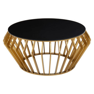 Gold Base Round Coffee Table with Black Glass Top | Ackley