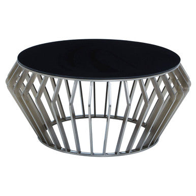Silver Base Round Coffee Table with Black Glass Top | Ackley