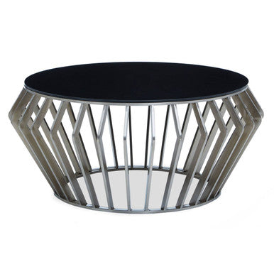 Silver Base Round Coffee Table with Black Glass Top | Ackley