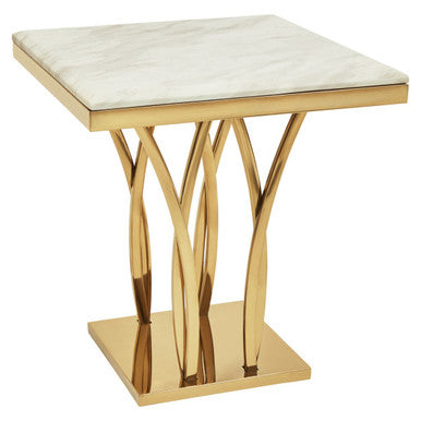 White Marble Top Side Table with Gold Sculptural Metal Base | Arenza
