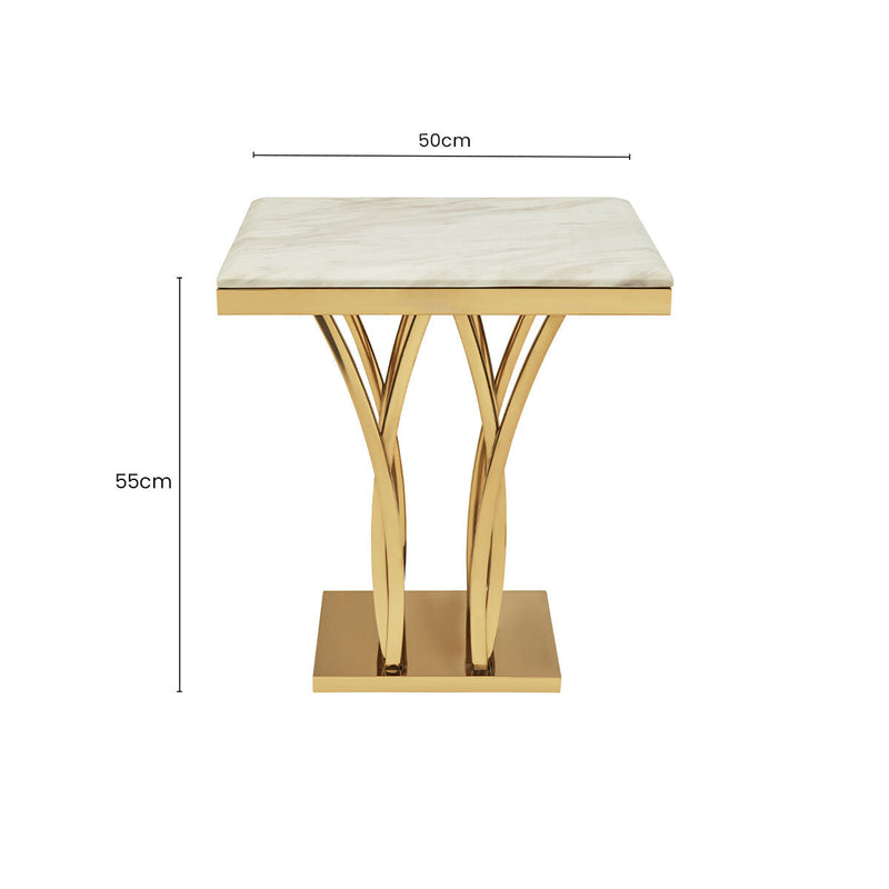 White Marble Top Side Table with Gold Sculptural Metal Base | Arenza