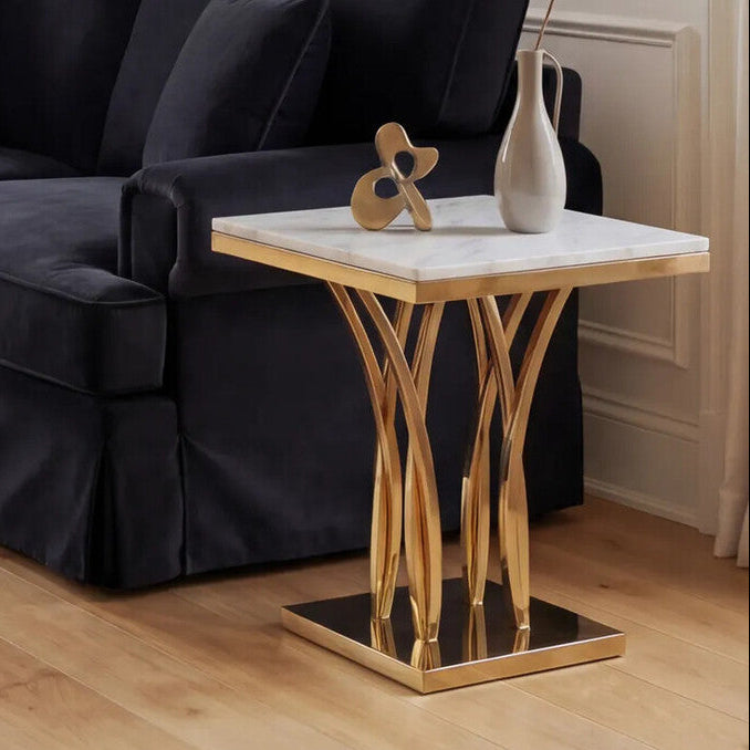 White Marble Top Side Table with Gold Sculptural Metal Base | Arenza