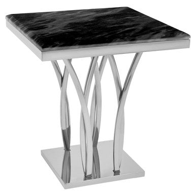 Black Marble Top Side Table with Silver Sculptural Metal Base | Arenza