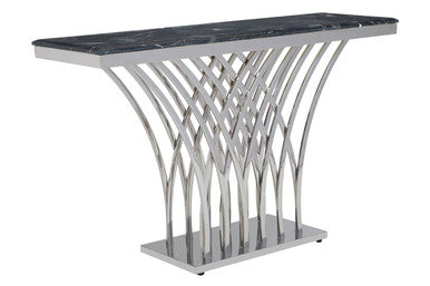 Black Marble Top Console Table with Intricate Silver Base | Arenza