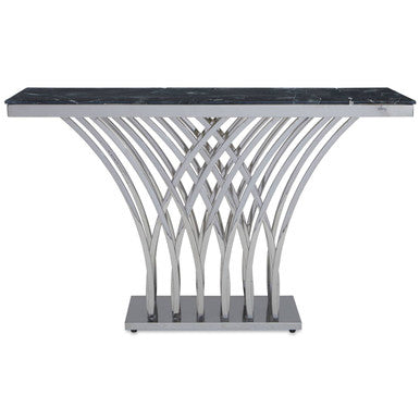 Black Marble Top Console Table with Intricate Silver Base | Arenza