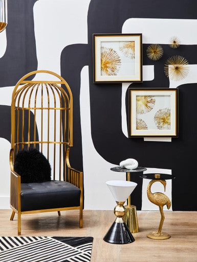 Gold and Black Metal Angular Side Table with White and Black Top and Rounded Base | Martini