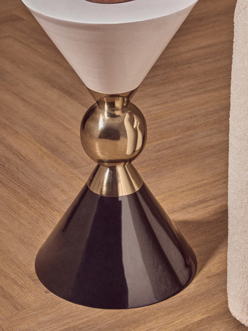 Gold and Black Metal Angular Side Table with White and Black Top and Rounded Base | Martini