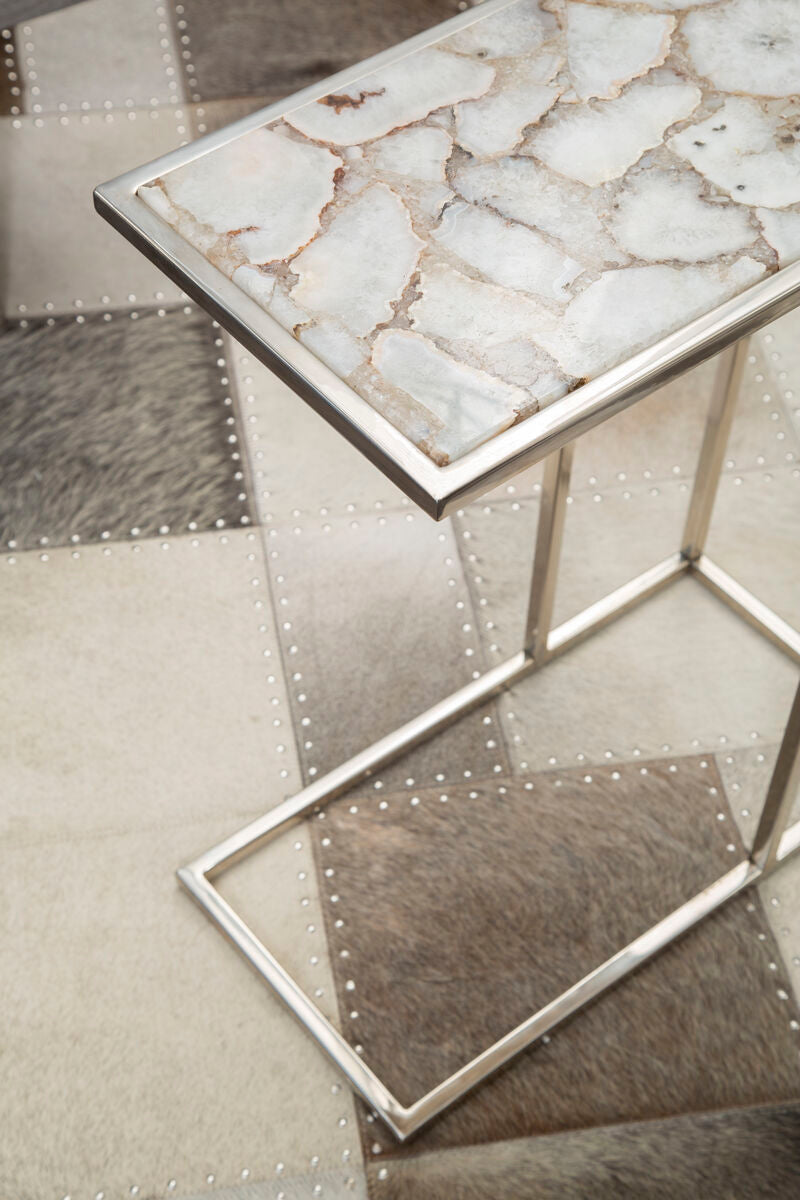 White and Silver Finish Semi-Precious Agate Side Table with Banded Pattern, Vita