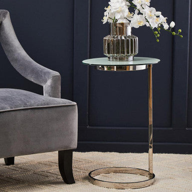Silver Open Circular Base End Table with White Marble Effect Top | Oria