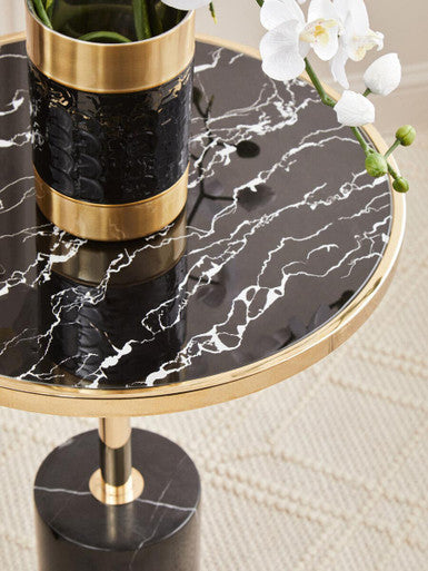 Gold Frame T-Shape End Table with Black Marble Top, Oria