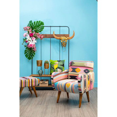 Multi Coloured Fabric Chair with Mango Wood Legs | Cefena
