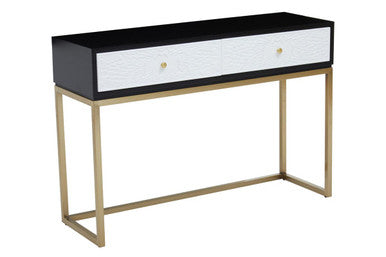 Black and White 2 Drawers Warm Metallic Finish Console Table with Gold Knob Handle | Dumas